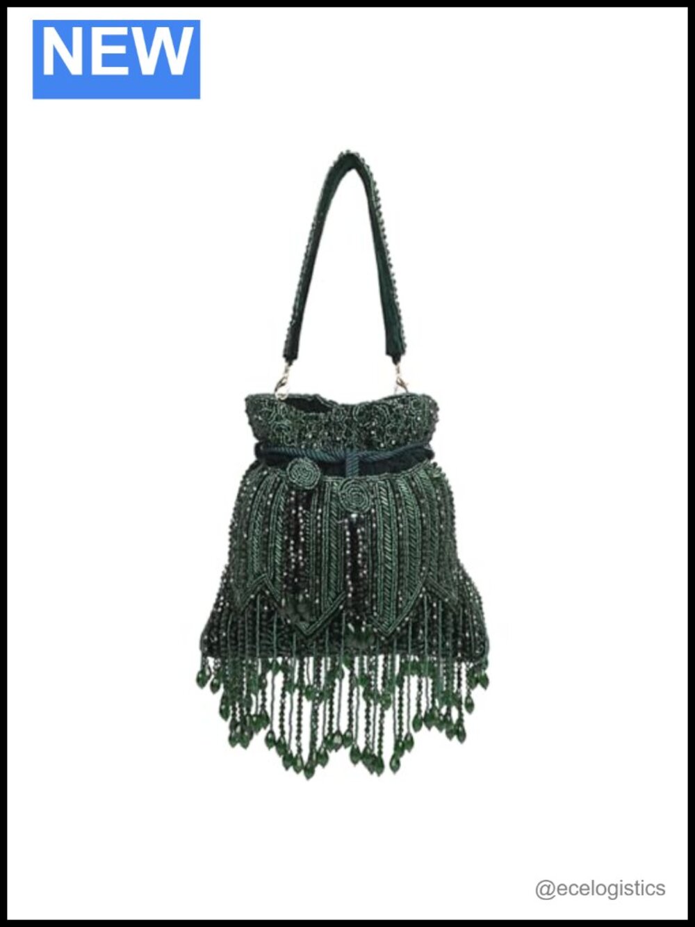 Beaded Velvet Potli Bag Wristlet with Fringe, Drawstring Purse